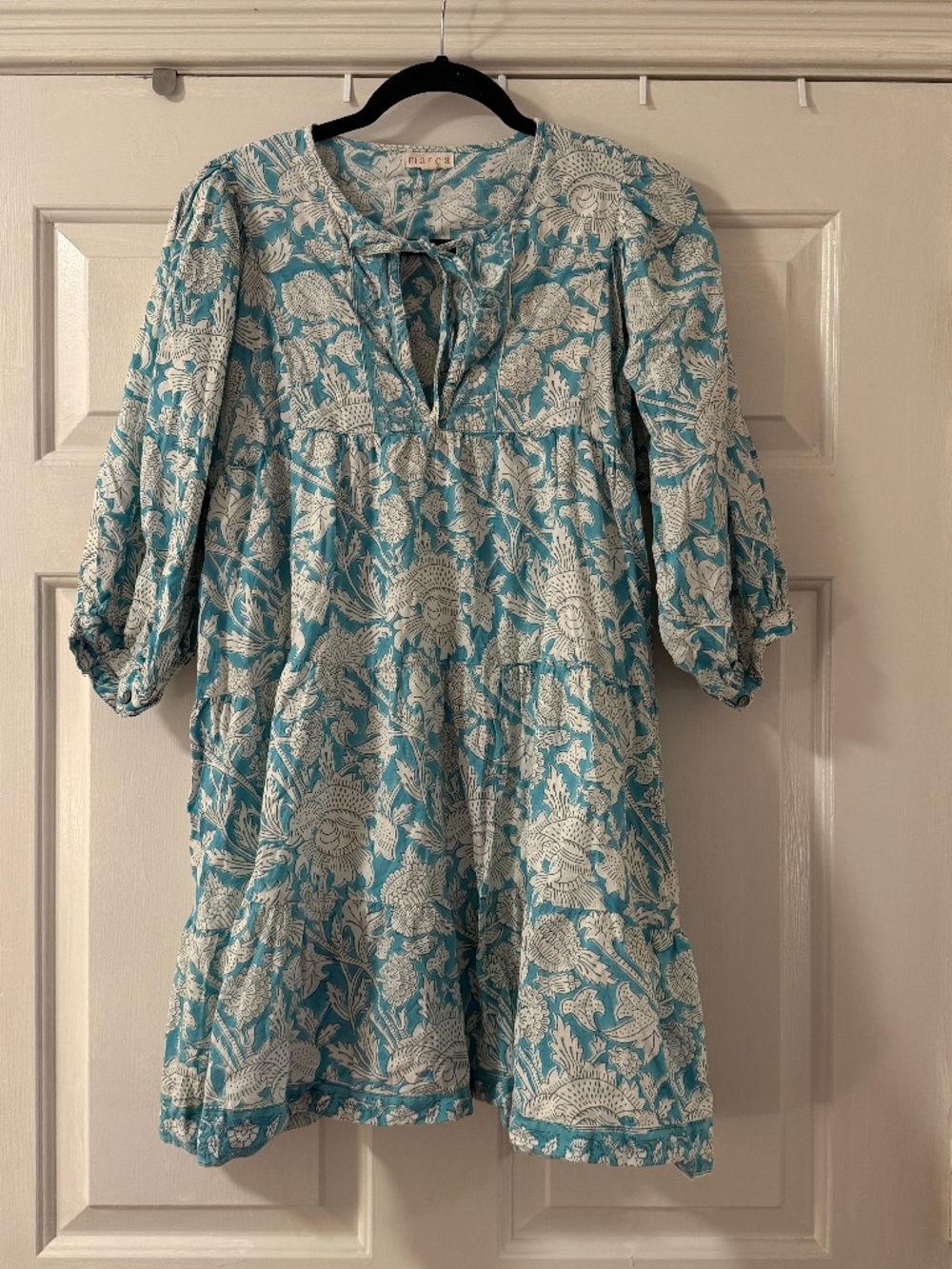 Marea Teal White Block Print Dress Women's Small Tiered Puff Sleeve Tie Front